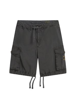 Mørkegrå cargo shorts lavet af letvægtsstof, med sidelommer, snøre i taljen og en let elastisk kant.