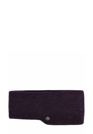 Knitted headband in dark purple with a smooth texture and a rounded design. Features a small metallic logo accent on the side.