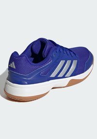 Chaussure de sport violette avec empeigne en mesh, rayures argentées, semelle rembourrée, semelle intermédiaire blanche et semelle extérieure en caoutchouc naturel. Bout arrondi et design à lacets.