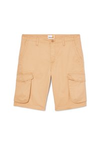 Pantaloni cargo beige in cotone con una trama liscia. Presentano due tasche laterali e due ampie tasche cargo su ciascun lato. Chiusura con bottone.