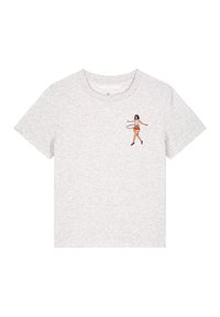T-shirt en coton gris avec un motif représentant une femme qui fait du hula hoop, à manches courtes et col rond.