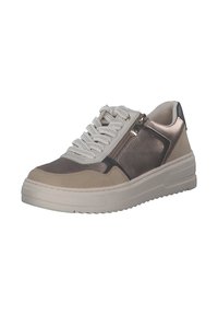 Sneaker multicolore nelle tonalità di beige, marrone e bronzo metallico. Presenta una parte superiore testurizzata, lacci piatti e un dettaglio con zip laterale.