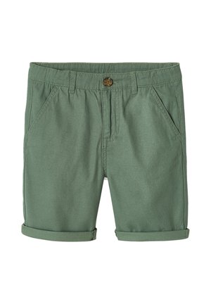 Green cotton shorts with front pockets, belt loops, button closure, and rolled hems.