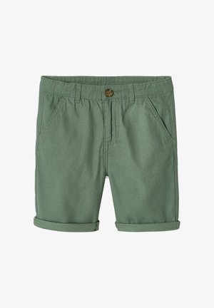 Green cotton shorts with front pockets, belt loops, button closure, and rolled hems.