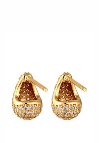 Guldtonede øreringe med dråbeform, der har en struktureret overflade og er prydet med små klare krystaller.