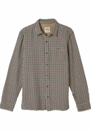 Braun- und cremefarbener karierten Flanellhemd mit Knopfverschluss, spitzem Kragen und einer Brusttasche. Weicher Stoff und lockere Passform.