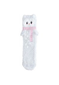 Calzino bianco peloso con motivo gufo, caratterizzato da occhi ricamati, becco arancione e sciarpa rosa lavorata a maglia. Tessuto morbido e motivo giocoso.