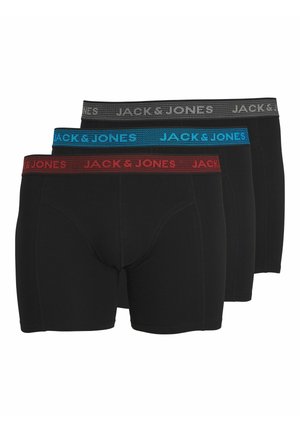 Drei Paar schwarze Boxershorts mit kontrastierenden elastischen Taillenbändern in Rot, Blau und Grau, auf denen "JACK & JONES" gedruckt ist.