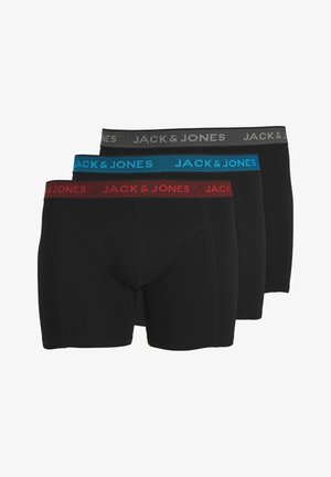 Drei Paar schwarze Boxershorts mit kontrastierenden elastischen Taillenbändern in Rot, Blau und Grau, auf denen "JACK & JONES" gedruckt ist.