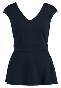Top sin mangas de color azul marino con escote en V profundo y cintura ajustada, que se ensancha ligeramente debajo de la cintura.