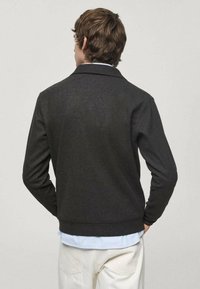 Giacca grigio scuro con colletto, maniche lunghe e orlo che si ferma in vita. Sovrapposta a una camicia azzurro chiaro a righe.