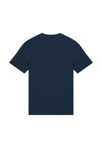 Marineblauwe katoenen T-shirt met korte mouwen, ronde hals en een eenvoudige achterkant. Materiaal lijkt zacht met een gladde textuur.