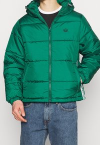 Zelená péřová bunda s předním zipem, elastickými manžetami a dvěma postranními kapsami. Obsahuje kapuci a bílé logo Adidas na hrudi.