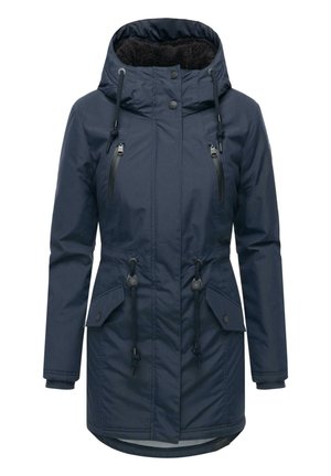 Marineblauer Parka mit Kapuze, Kordelzug in der Taille, Reißverschlusstaschen auf der Brust und strukturiertem Futter. Mit Druckknopf- und Schleifenverschluss. Wasserdicht.