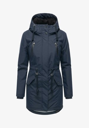 Granatowy parka z kapturem, z regulowanym paskiem w talii, zapinany na zamek błyskawiczny kieszeni na klatce piersiowej oraz teksturowaną podszewką. Wyposażona w zapięcia na zatrzaski i kokardki. Wodoodporna.