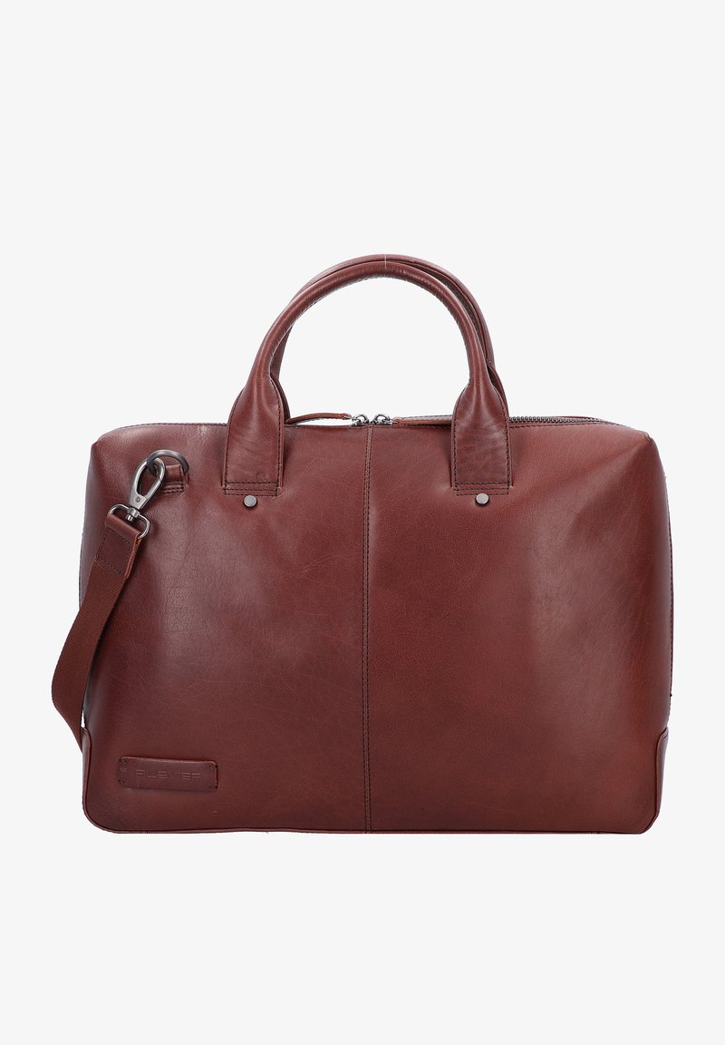 Borsa in pelle marrone con doppi manici e una tracolla removibile. Presenta una chiusura con zip e una texture liscia, con una forma rettangolare.