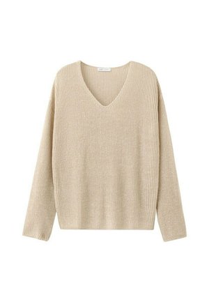 Maglione beige lavorato a maglia con maniche lunghe e colletto a V, mostrato su sfondo bianco.
