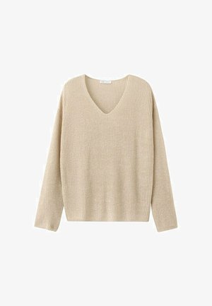 Béžový pletený sveter s dlhými rukávmi a výstrihom do V, zobrazený na bielom pozadí.