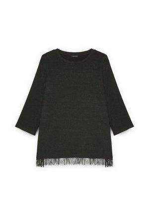 Maglietta nera lavorata a maglia con maniche a tre quarti, caratterizzata da un motivo testurizzato e dettagli di frange lungo l'orlo inferiore. Accenti scintillanti in tutto.