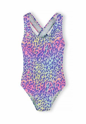 Kostium kąpielowy jednoczęściowy z krzyżującymi się ramiączkami i kolorowym, abstrakcyjnym wzorem w panterkę w odcieniach fioletu, różu, niebieskiego i żółtego.