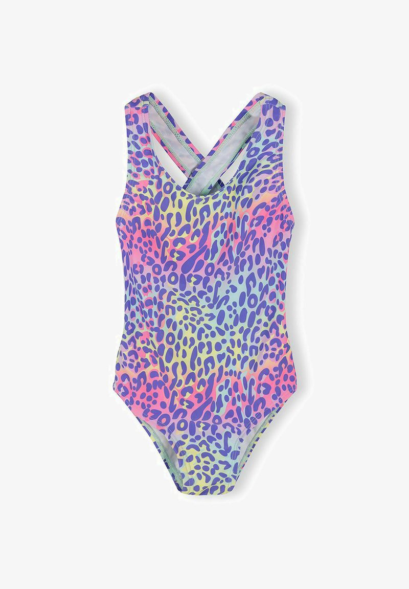 Maillot de bain une pièce avec bretelles croisées et motif léopard abstrait coloré aux tons violet, rose, bleu et jaune.