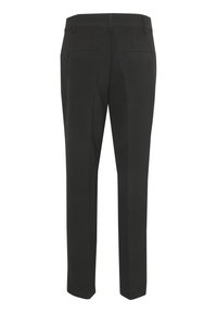 Black tailored trousers with a straight-leg design, featuring two back pockets and a smooth texture. The waistband is standard height.