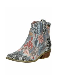 Botte montant à la cheville avec un talon bas en bois, présentant des motifs floraux et abstraits multicolores dans des tons de bleu, rose, marron et noir.