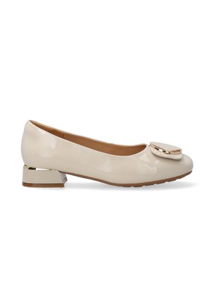 Beige patent leather ballet flat with a round toe, featuring a metallic accent on the toe and a low block heel with a gold detail.