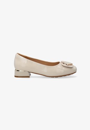 Beige patent leather ballet flat with a round toe, featuring a metallic accent on the toe and a low block heel with a gold detail.