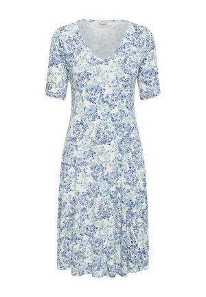 Vestito bianco fino al ginocchio con motivo floreale blu e verde, maniche corte e scollatura a V arrotondata.