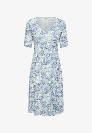 Fehér, térd alá érő ruha kék-zöld virágmintával, rövid ujjakkal és kerekített V-nyakkivágással.