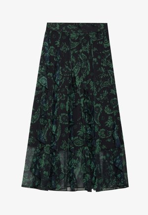 Falda negra con un patrón floral verde, con bordes rizados y pliegues. Fabricada en tejido ligero, que ofrece una silueta fluida.
