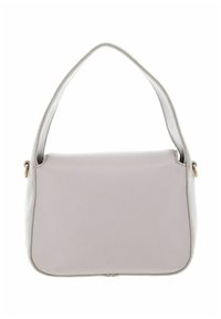 Sac à main gris clair avec une surface lisse, une forme rectangulaire, une seule bandoulière et des accents de quincaillerie dorée sur les côtés.