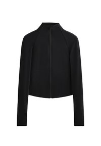 Schwarze, kurze Jacke mit hohem Kragen, langen Ärmeln und einem Frontreißverschluss. Verfügt über geschwungene Nähte und einen glatten, strukturierten Stoff.