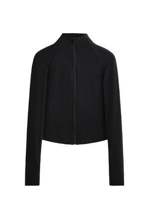 Giacca nera cropped con un colletto alto, maniche lunghe e zip frontale. Presenta cuciture curve e un tessuto morbido e texturizzato.