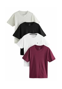Fire kortærmede t-shirts stablede: lysegrå, sort, hvid og burgunder. 100% bomuldsstof, rund hals, enkelt design, lille logo detalje på forsiden.