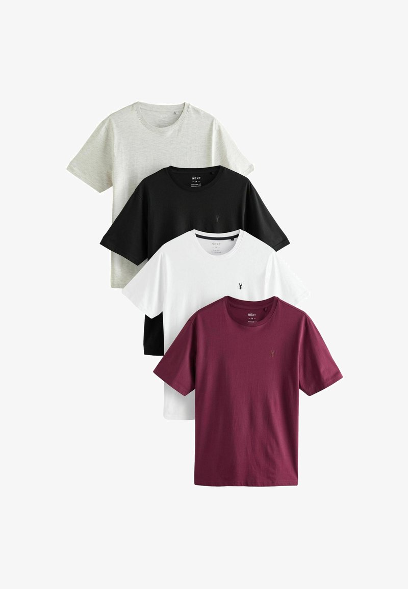 Vier kurzärmlige T-Shirts gestapelt: hellgrau, schwarz, weiß und burgunderrot. Baumwollstoff, Rundhalsausschnitt, schlichtes Design, kleines Logo-Detail auf der Vorderseite.