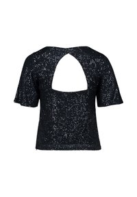 Haut noir à sequins avec des manches courtes. Présente une découpe en forme de trou de serrure à l'arrière, une surface texturée et une coupe ajustée.
