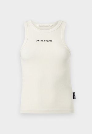 Valge soonikkoes varrukateta tank-top, mille eesosas rinnal musta värviga trükitud "Palm Angels" logo ja külje peal must kaubamärgiga silt.