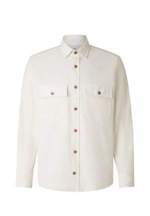 Béžová košile s dlouhými rukávy, hnědými knoflíky, dvěma předními kapsami se zapínáním na knoflíky a klasickým límečkem.