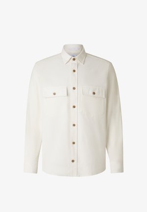 Langärmeliges, cremeweißes Hemd mit braunen Knöpfen, zwei aufgesetzten Taschen vorne mit Klappen und Knöpfen sowie klassischem Kragen.