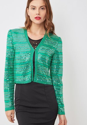 Chaqueta verde con lentejuelas, de mangas largas, diseño corto y escote en V. Presenta una superficie brillante y texturada, así como cierre frontal con cremallera.