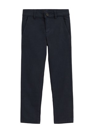 Pantalon droit bleu marine avec fermeture par bouton et fermeture éclair, poches latérales, présenté à plat sur un fond blanc.