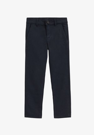 Marineblaue gerade Hose mit Knopf- und Reißverschluss und Seitentaschen, flach auf weißem Hintergrund dargestellt.