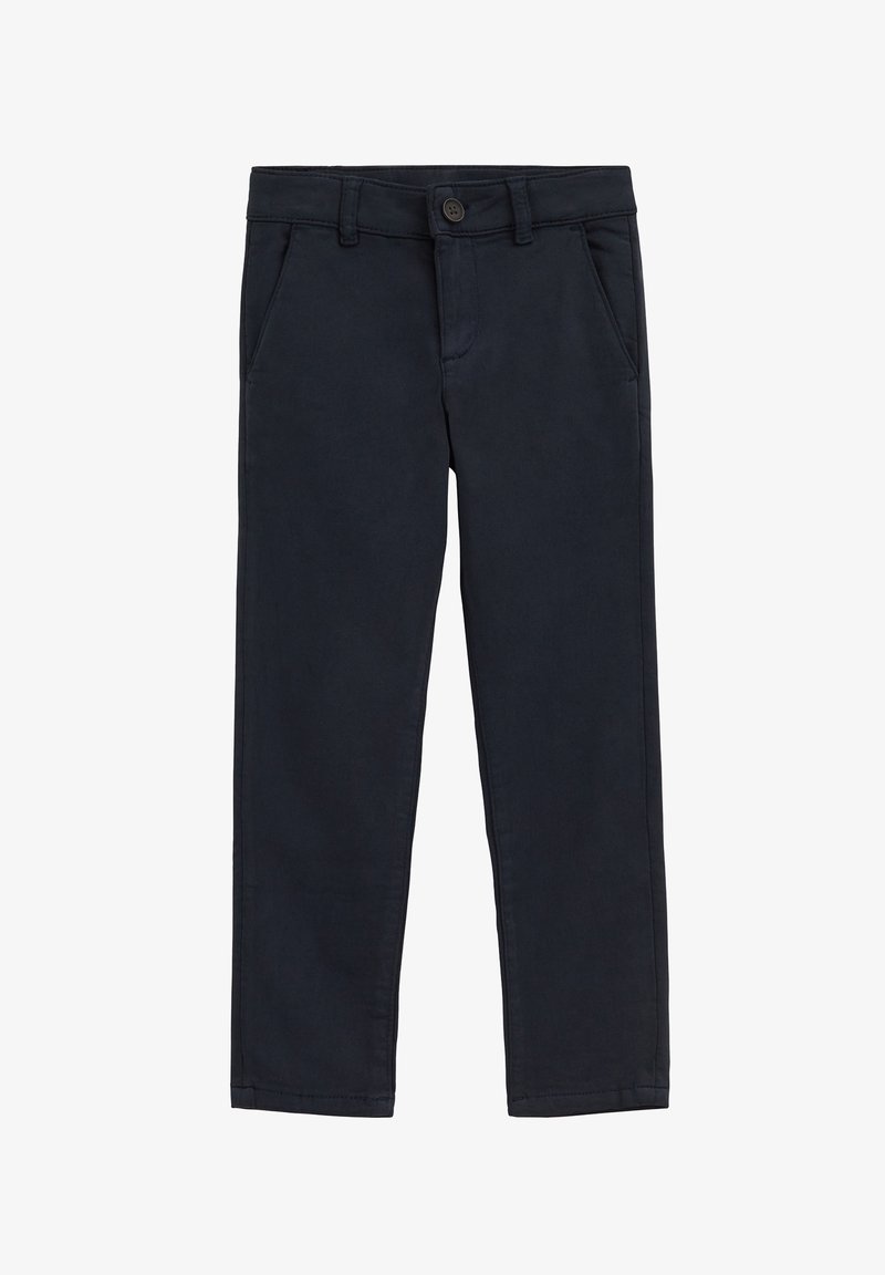 Pantalon droit bleu marine avec fermeture par bouton et fermeture éclair, poches latérales, présenté à plat sur un fond blanc.