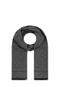 Écharpe tricotée grise en forme circulaire, avec une finition texturée et de subtiles rayures horizontales. Les bords sont bordés d'un mince contour noir.