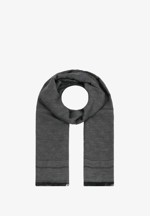 Bufanda gris de punto con forma circular, que presenta un acabado texturizado y sutiles rayas horizontales. Los bordes están recortados con un delgado borde negro.