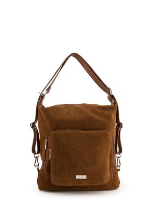 Brown suede shoulder bag with a prominent front pocket, adjustable strap, and silver-tone hardware. Features a smooth texture and clean lines.