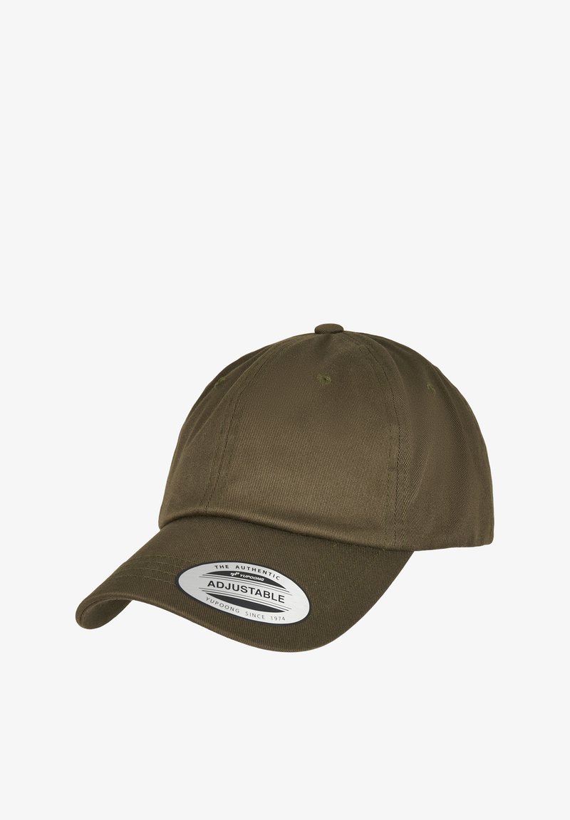 Olive green adjustable baseball cap made of smooth fabric, featuring a curved brim and a silver accent label on the front.
