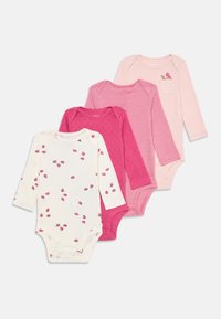 Four long-sleeve baby bodysuits in white and varying shades of pink, featuring floral prints, stripes, and soft textures.